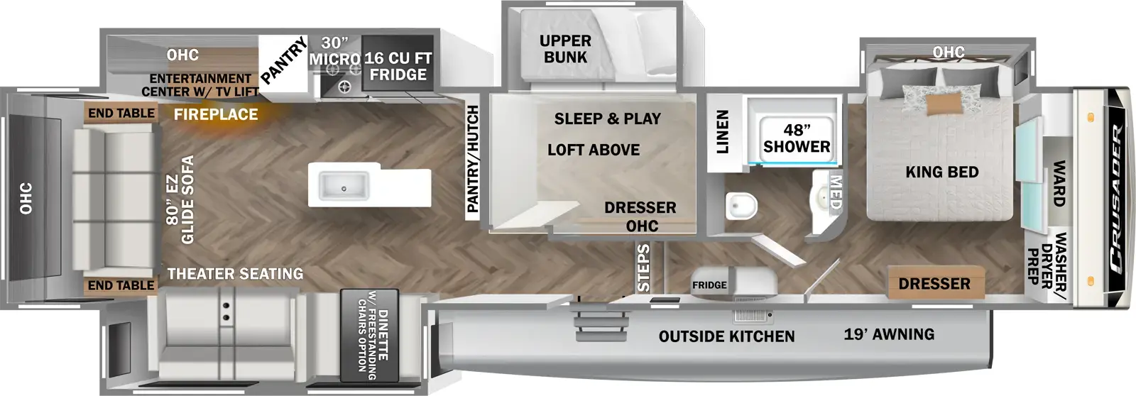 The 382MBH has four slideouts and one entry. Exterior features a 19 foot awning and outside kitchen. Interior layout front to back: front wardrobe with off-door side king bed slideout with overhead cabinet, and door side dresser; off-door side full bathroom with medicine cabinet and linen closet; ladder to loft above mid room, and steps down to entry; mid bunk room with off-door side slideout with upper bunk and sleep and play below, and entertainment center, wardrobe and overhead cabinet on opposite wall; pantry along inner wall; off-door side slideout with refrigerator, counter with cooktop, microwave, pantry, and entertainment center with TV lift and overhead cabinet; kitchen island with sink; door side slideout with free-standing dinette option, and theater seating; rear EZ glide sofa with end tables on each side and overhead cabinet.